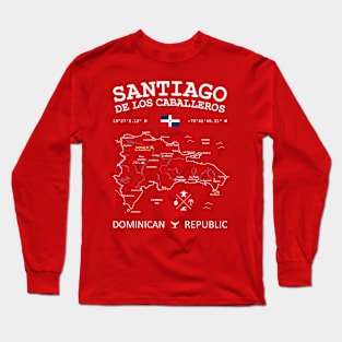 Dominican Republic Map Flag Santiago de los Caballeros Coordinates Roads Rivers and Oceans White Long Sleeve T-Shirt